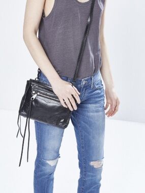 REBECCA MINKOFF Black Leather/Black Hardware Crossbody Bag Clutch $195